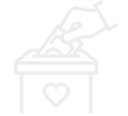 Line art of a hand reaching to put paper money in a donation box with a heart on it